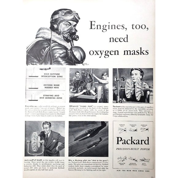PRINT AD 1943 Packard Engines Oxygen Mask Fighter Pilot Walter Richards WWII - Picture 1 of 1